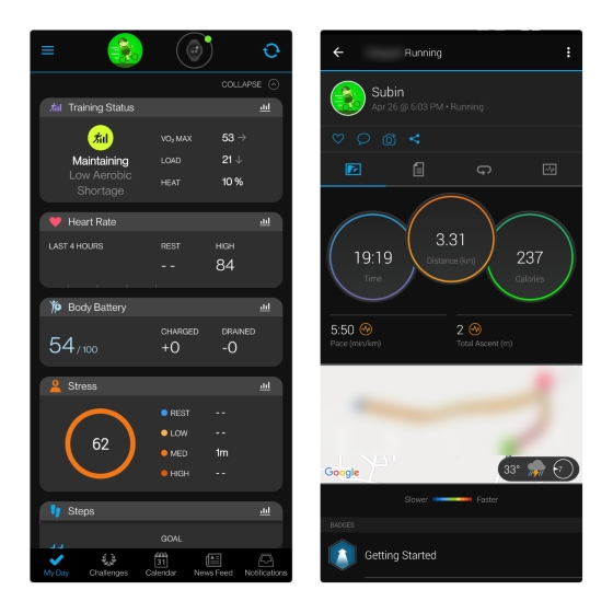 garmin కనెక్ట్ హోమ్ స్క్రీన్